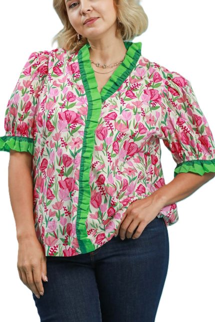 Plus Floral Ruffle Trim Puff Sleeve Blouse