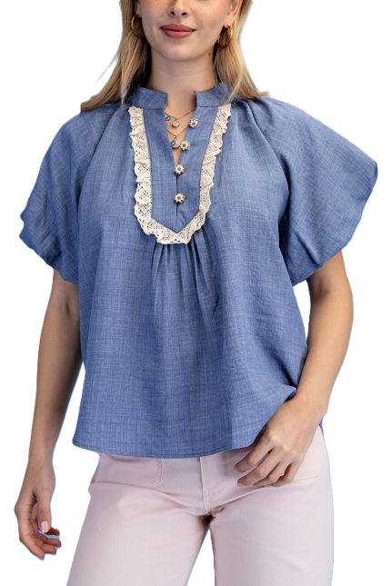 Half Button Short Puff Sleeve Top