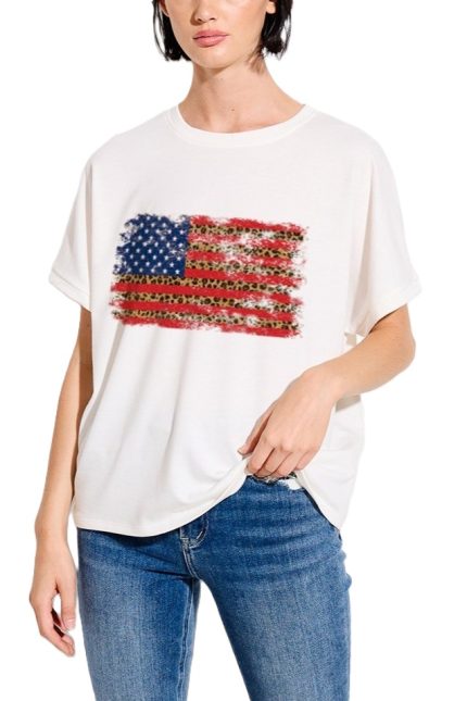 American Flag Print French Terry Short Sleeve Top