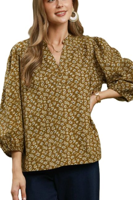 Corduroy Floral Print V-neck Blouse