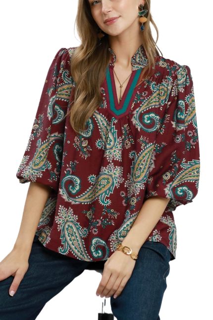 Paisley Print V-neck Puff Sleeve Blouse