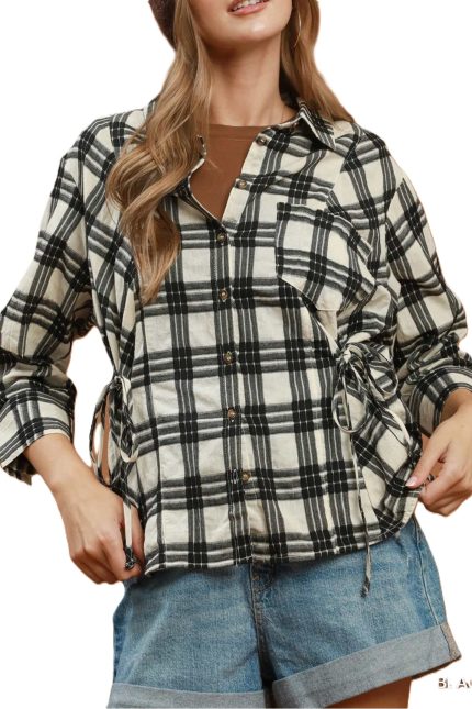 Plaid Button Down Side Tie Detail Shirt