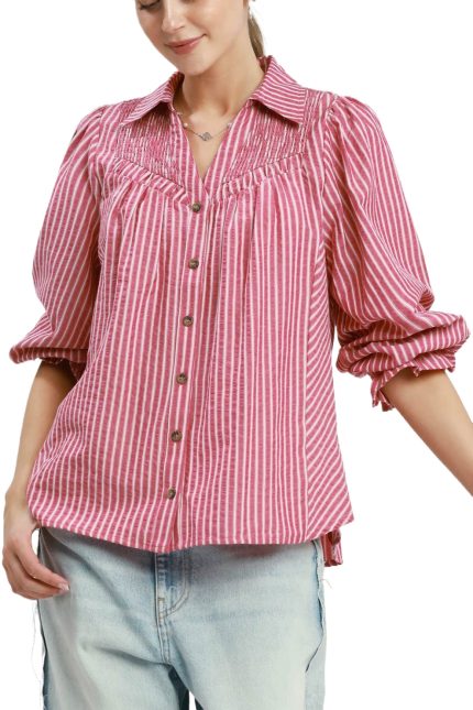 Smocked Chambray Button Down Blouse