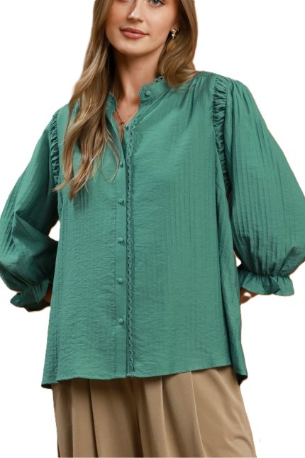 Solid Button Down Lace Trim Top