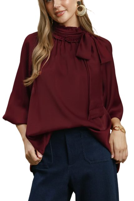Satin Tie Neck Ruffle Detail Long Sleeve Blouse