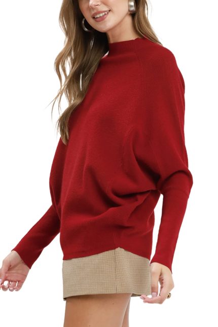 Ribbed Mock Neck Dolman Sleeve Sweater Top