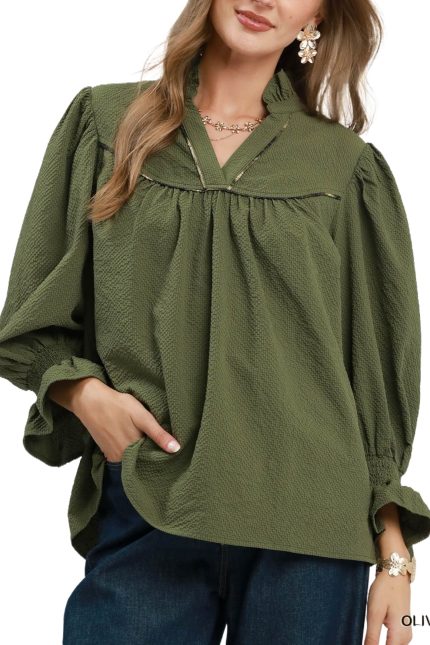 Textured Puff Sleeve Babydoll Blouse