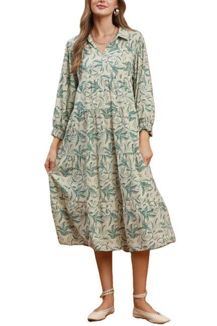 Linen Botanical Print Tiered Midi Dress