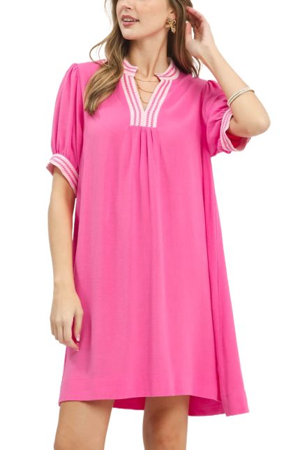 Linen Contrast Trim Puff Sleeve Shift Dress