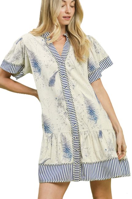 Linen Printed Button-front Tiered Mini Dress