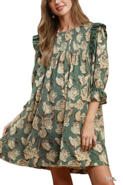 Mix Floral Print Smocked Ruffle Detail Flowy Dress
