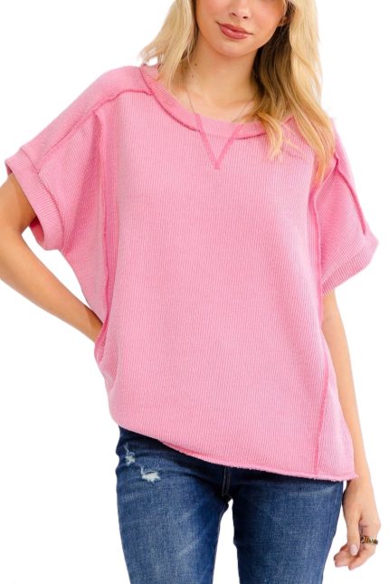 Solid Rib Knit Stitch Detail Short Sleeve Top