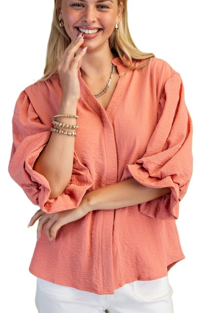 3/4 Length Gathered Balloon Sleeve Blouse