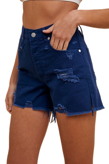 Rigid High Rise Distressed Denim Shorts