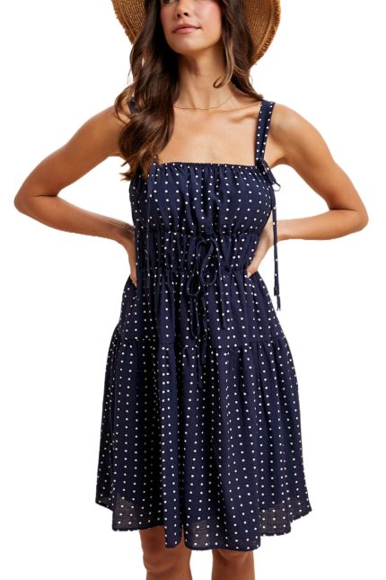 Polka Dot Shirred Mini Dress With Tie Detail