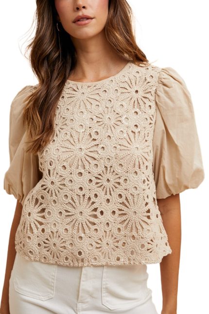 Mixed Media Sequin Crochet Bodice Woven Blouse