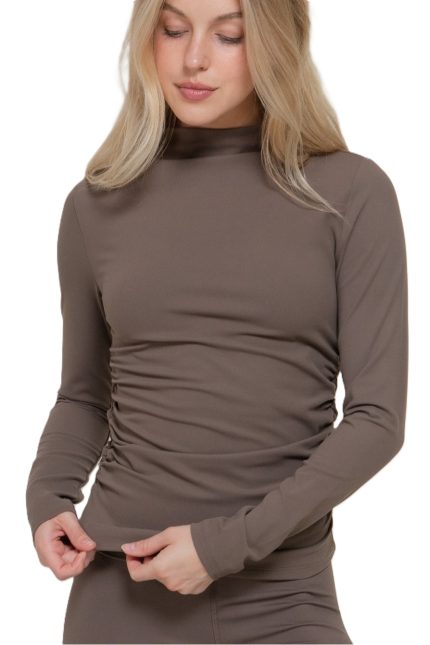 Long Slv High Neck Ruched Workout Top