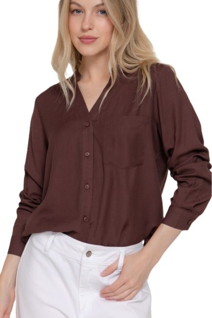Long Slv Split Round Neck Woven Shirt