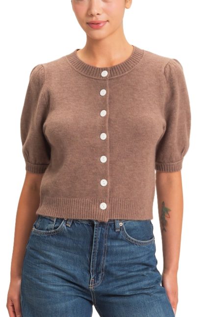 Button Front Puff Short Sleeve Cardigan