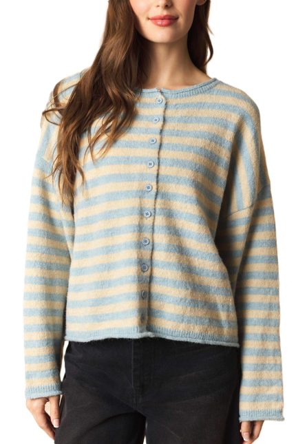 Striped Button Up Curly Hem Oversize Cardigan