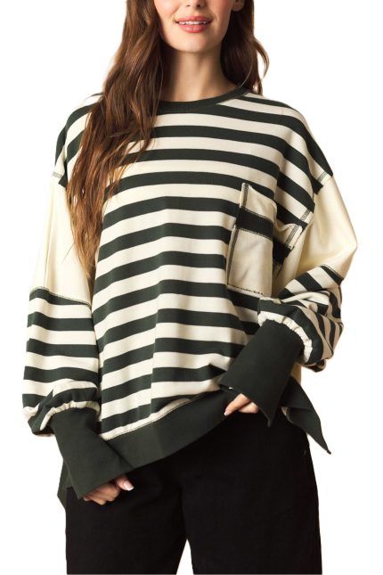Regency Stripe Solid Side Panel Oversized Terry Sweatshirt