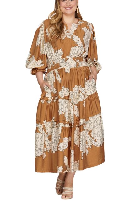 PLUS Pintuck Tiered Floral Print Woven Midi Dress