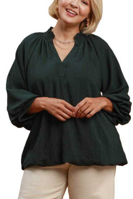 Plus Balloon Sleeve Split Neck Blouse