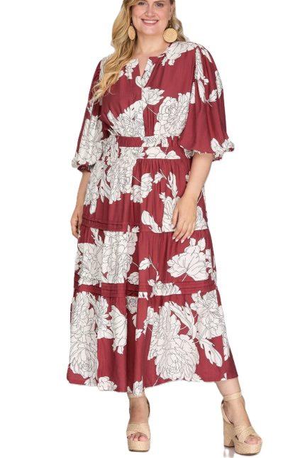 Plus Pintuck Tiered Floral Print Woven Midi Dress