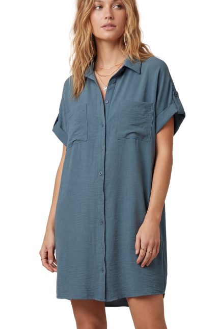 Drop Shoulder Button Up Woven Shirt Dress