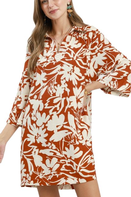 Floral Print Split Neck Relaxed Shift Dress