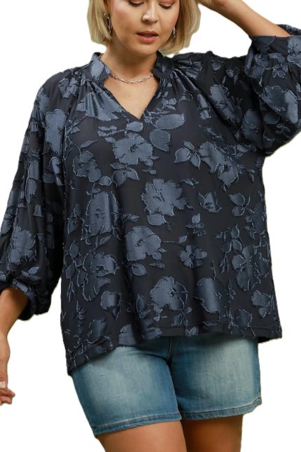 Plus Textured Floral Balloon Sleeve Blouse