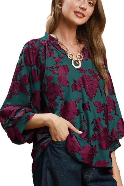 Textured Floral Balloon Sleeve Blouse