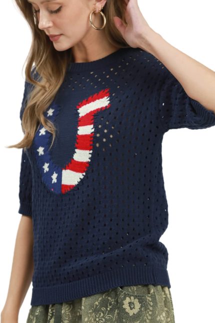 American Flag Horseshoe Short Sleeve Knit Sweater