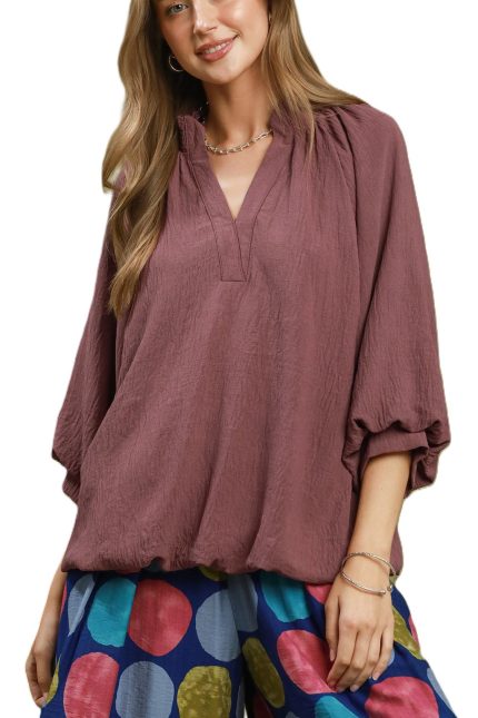 Balloon Sleeve Split Neck Blouse