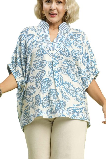 Plus Botanical Print Mixed Trim Tunic Top