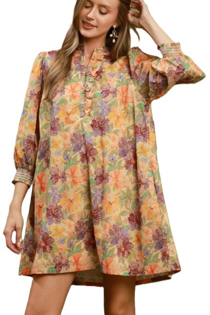 Mix Floral Print Smocked Cuff Mini Dress