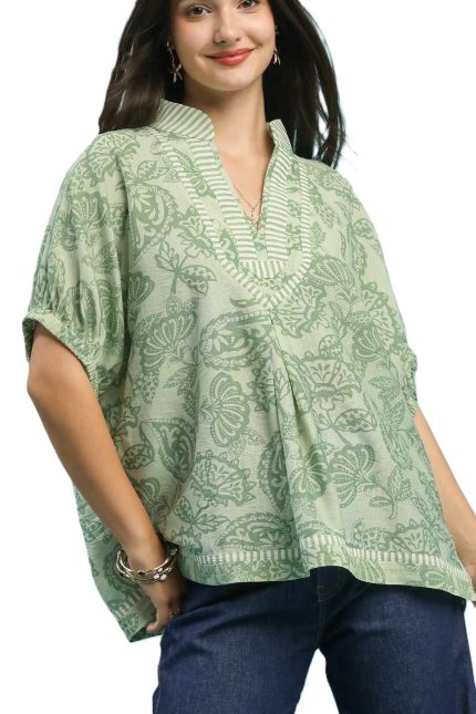 Botanical Print Mixed Trim Tunic Top