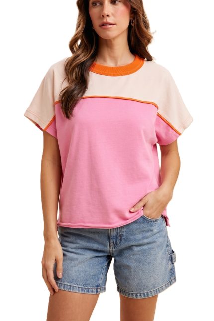 Mineral Washed Color Block Piping Detail Pullover