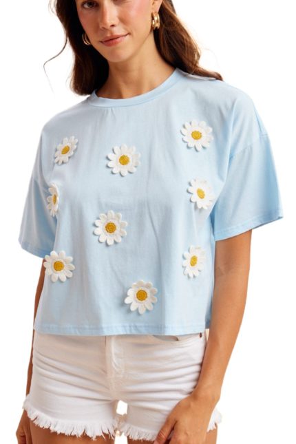 3d Daisy Crochet Patch Cotton Jersey T-shirt