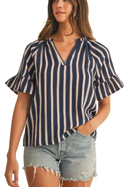 Stripe V-neck Ruffle Sleeve Blouse