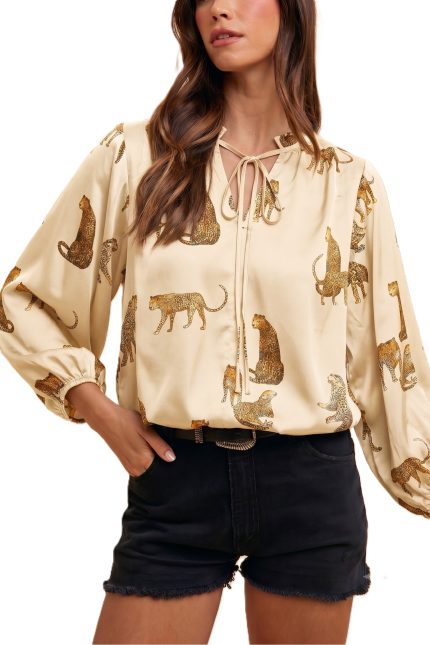 Animal Printed V Neck Tie Front Satin Blouse Top