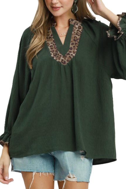 Leopard Trim V-neck Puff Sleeve Blouse