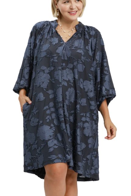 Plus Velvet Floral Textured Babydoll Mini Dress