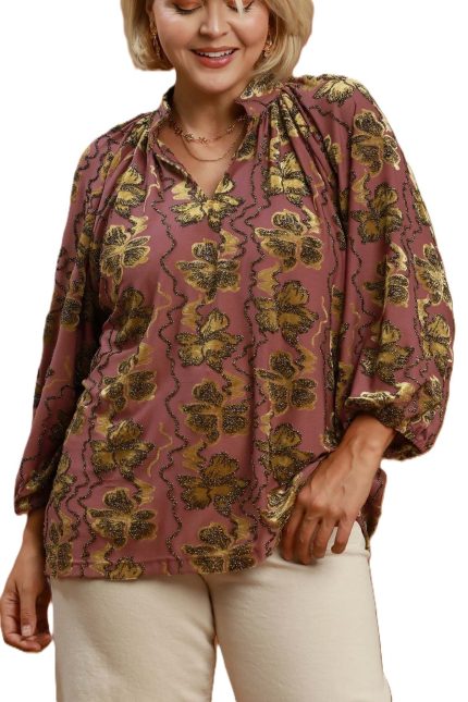 Plus Metallic Velvet Floral Textured Split Neck Blouse
