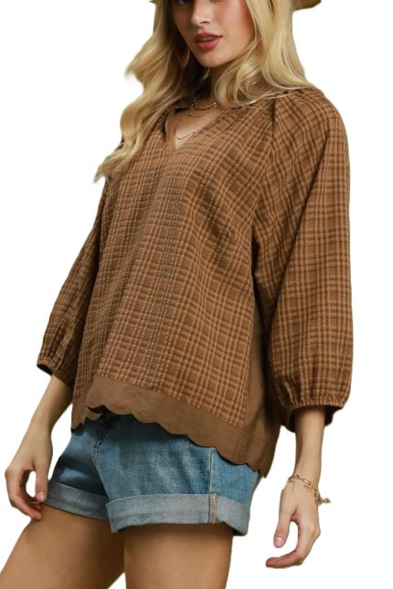Textured Plaid Scallop Hem Detail Top