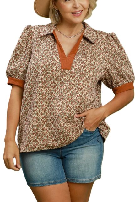 Plus Printed Collared Puff Sleeve Top