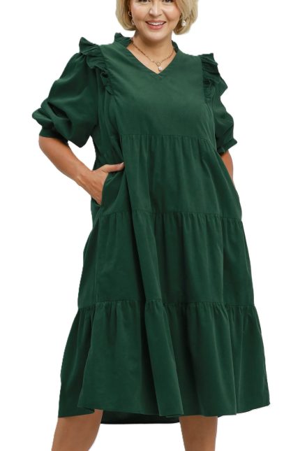 Plus Corduroy Ruffle Shoulder Tiered Midi Dress