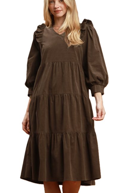 Corduroy Ruffle Shoulder Tiered Midi Dress