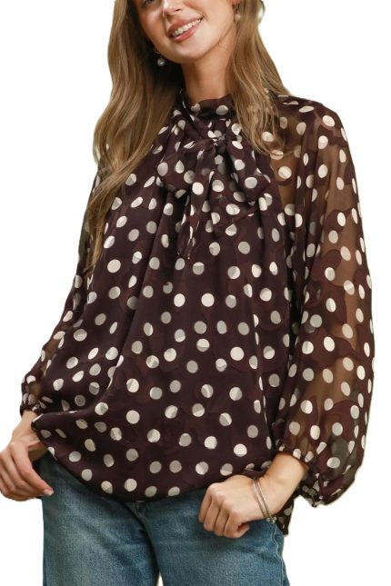 Polka Dot High Neck Long Sleeve Blouse