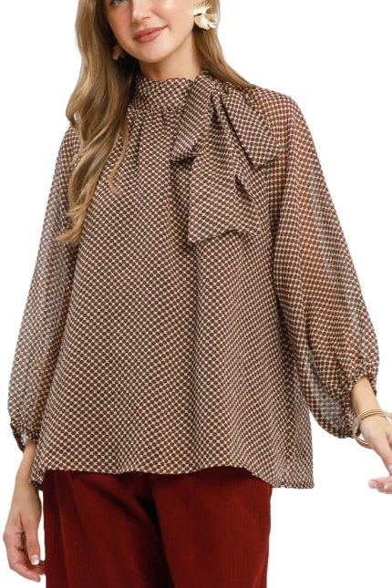 Dot Print Tie Neck Long Sleeve Blouse